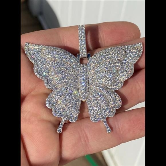Solid 925 Silver HUGE Iced 2.5" Butterly Hip Hop Pendant For Men Ladies Necklace